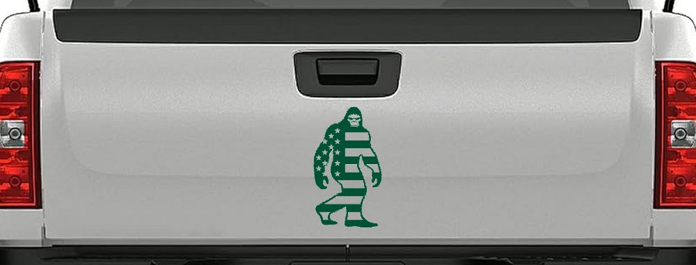 American Flag Bigfoot Vinyl Car or Truck Window Decal Sticker (Dark Green)