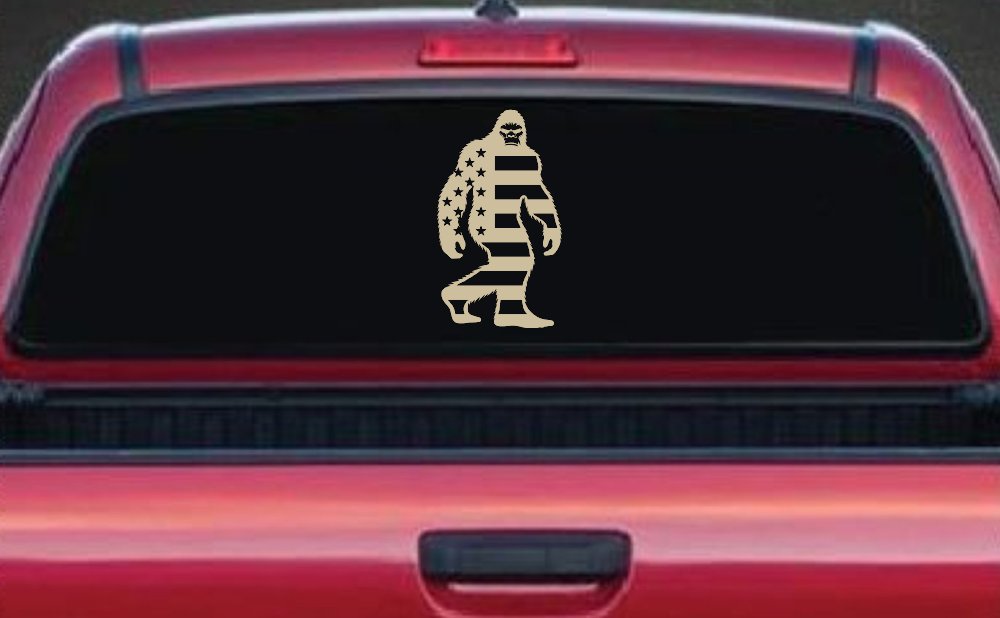 American Flag Bigfoot Vinyl Car or Truck Window Decal Sticker (Desert Sand)