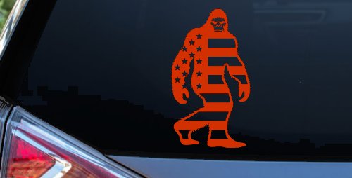 American Flag Bigfoot Vinyl Car or Truck Window Decal Sticker (Orange Red)