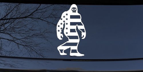 American Flag Bigfoot Vinyl Car or Truck Window Decal Sticker (White)