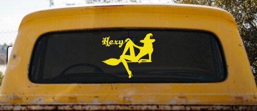 Hexy Sexy Witch Car or Truck Window Vinyl Decal Sticker (Yellow)