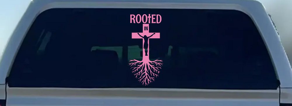 Rooted in Christ Car or Truck Window Vinyl Decal Sticker (Pink)