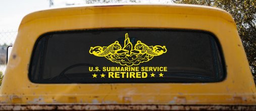 U.S. Submarine Service Retired with Dolphins Car or Truck Window Vinyl Decal Sticker (Yellow)