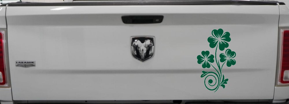 Four Leaf Clover Hearts Swirl Vine Car or Truck Window Vinyl Decal Sticker (Dark Green)