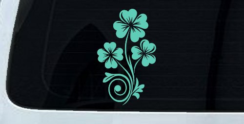 Four Leaf Clover Hearts Swirl Vine Car or Truck Window Vinyl Decal Sticker (Mint)