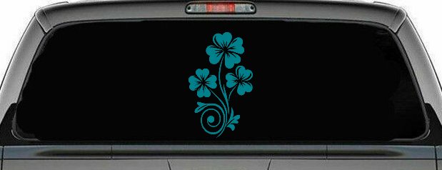 Four Leaf Clover Hearts Swirl Vine Car or Truck Window Vinyl Decal Sticker (Turquoise Blue)