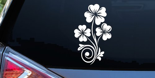 Four Leaf Clover Hearts Swirl Vine Car or Truck Window Vinyl Decal Sticker (White)
