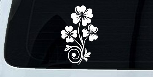 Four Leaf Clover Hearts Swirl Vine Car or Truck Window Vinyl Decal Sticker (White)