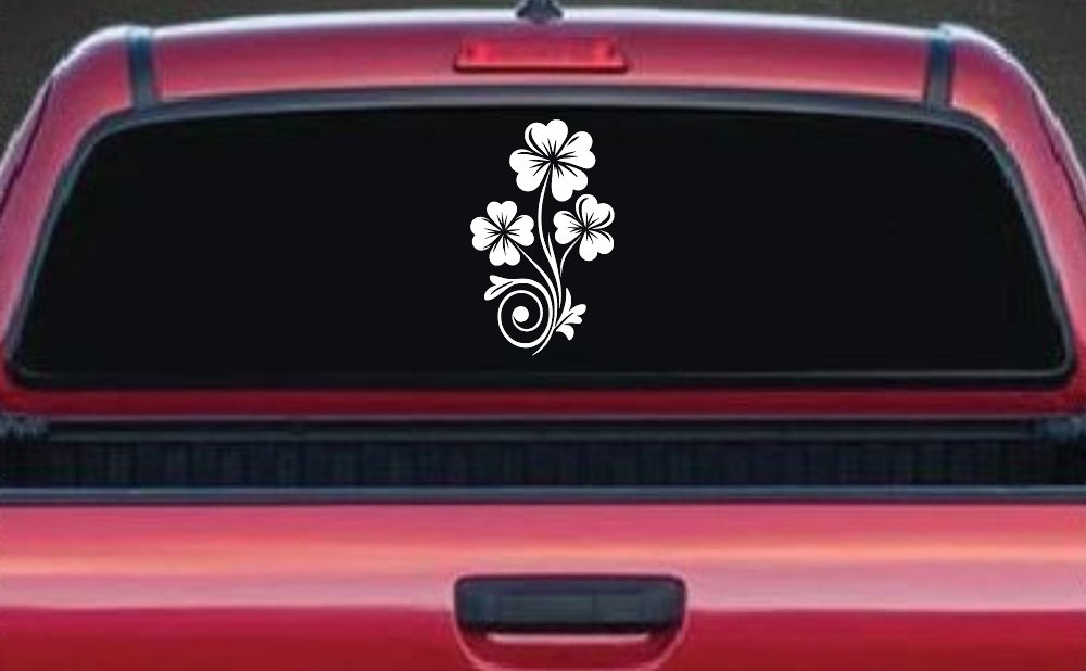 Four Leaf Clover Hearts Swirl Vine Car or Truck Window Vinyl Decal Sticker (White)