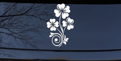 Four Leaf Clover Hearts Swirl Vine Car or Truck Window Vinyl Decal Sticker (White)