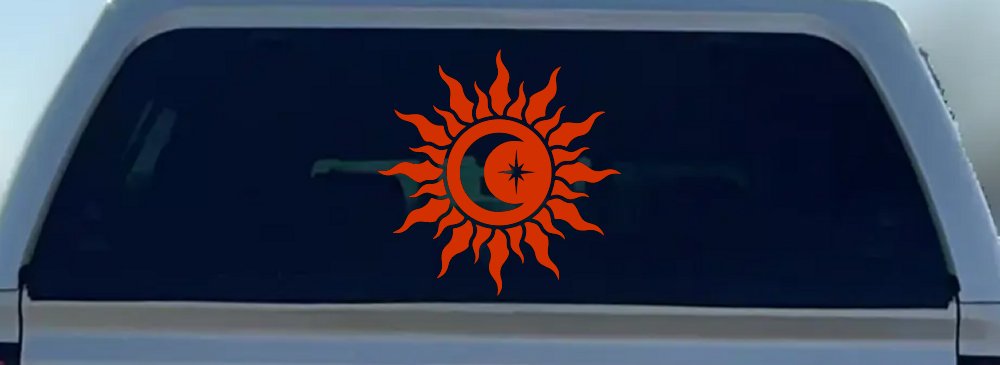 Sun Moon Star Car or Truck Vinyl Window Decal Sticker (Orange Red)