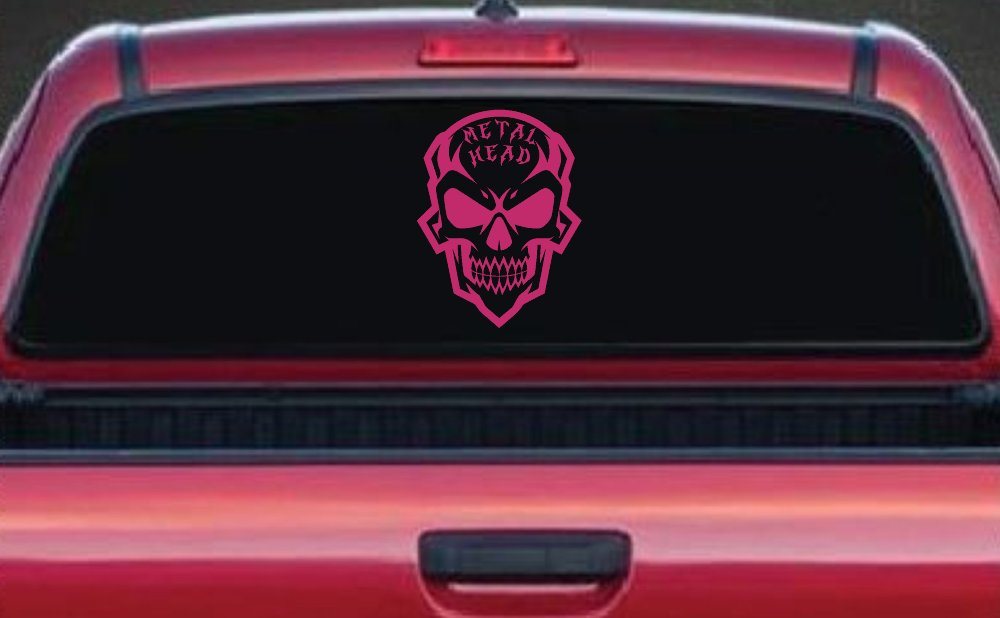Metal Head Heavy Metal Rock Skull Car or Truck Vinyl Window Decal Sticker (Hot Pink)