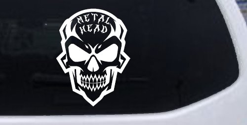 Metal Head Heavy Metal Rock Skull Car or Truck Vinyl Window Decal Sticker (White)