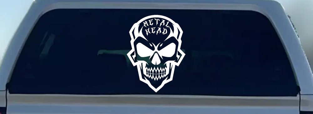 Metal Head Heavy Metal Rock Skull Car or Truck Vinyl Window Decal Sticker (White)