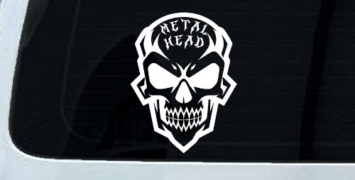 Metal Head Heavy Metal Rock Skull Car or Truck Vinyl Window Decal Sticker (White)