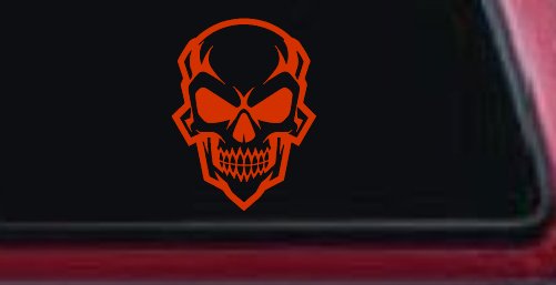 Skull Metal Style Car or Truck Vinyl Window Decal Sticker (Orange Red)