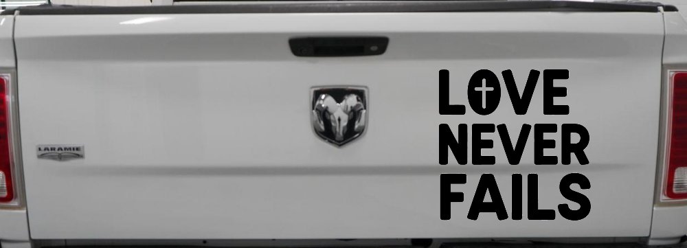 Love Never Fails with Cross Christian Car or Truck Vinyl Window Decal Sticker (Matte Black)
