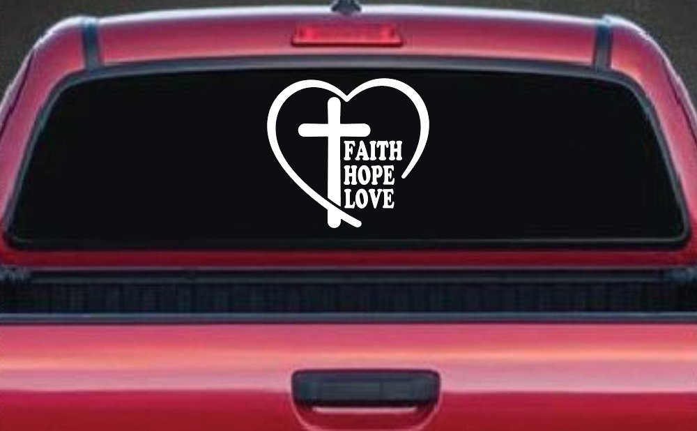 Faith Hope Love With Cross and Heart Car or Truck Vinyl Window Decal Sticker (White)
