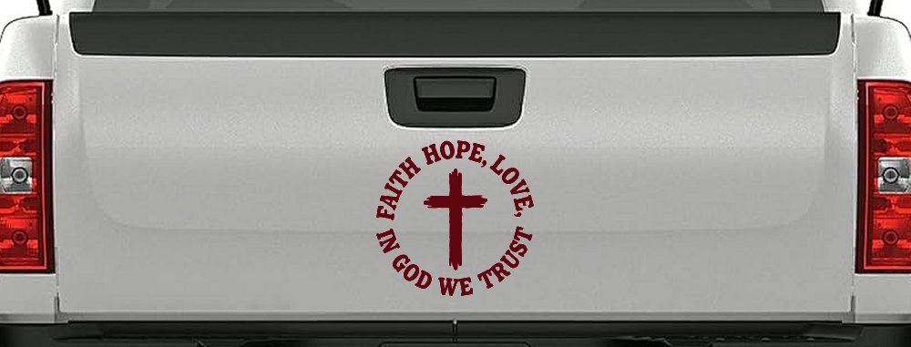 Faith Hope Love In God We Trust Car or Truck Vinyl Window Decal Sticker (Purple Red)