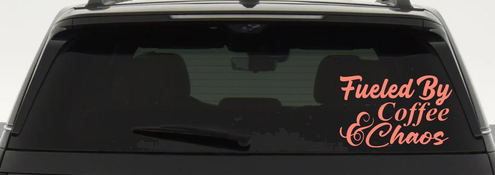 Fueled By Coffee and Chaos Car or Truck Vinyl Window Decal Sticker (Coral)
