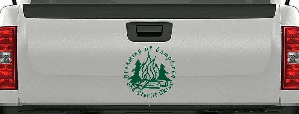 Dreaming of Campfires and Starlit Skies Car or Truck Vinyl Window Decal Sticker (Dark Green)