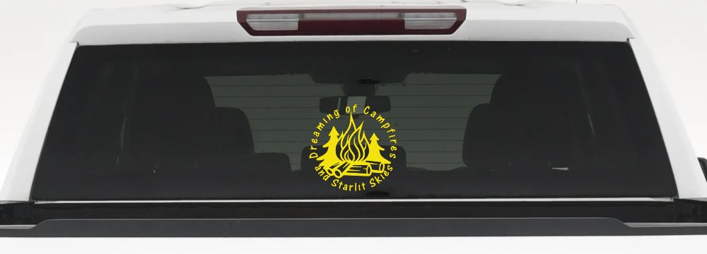 Dreaming of Campfires and Starlit Skies Car or Truck Vinyl Window Decal Sticker (Yellow)