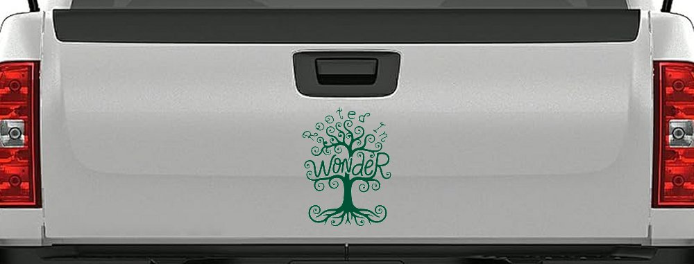 Rooted in Wander Swirl Tree Car or Truck Vinyl Window Decal Sticker (Dark Green)