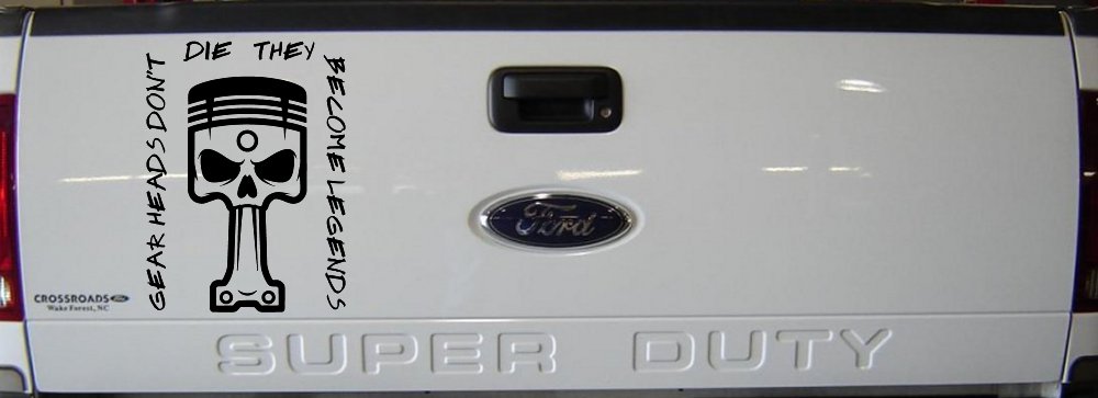 Gear Heads Don't Die They Become Legends Skull Piston Car or Truck Vinyl Window Decal Sticker (Black)