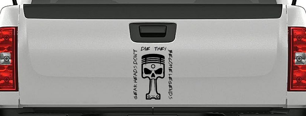 Gear Heads Don't Die They Become Legends Skull Piston Car or Truck Vinyl Window Decal Sticker (Black)