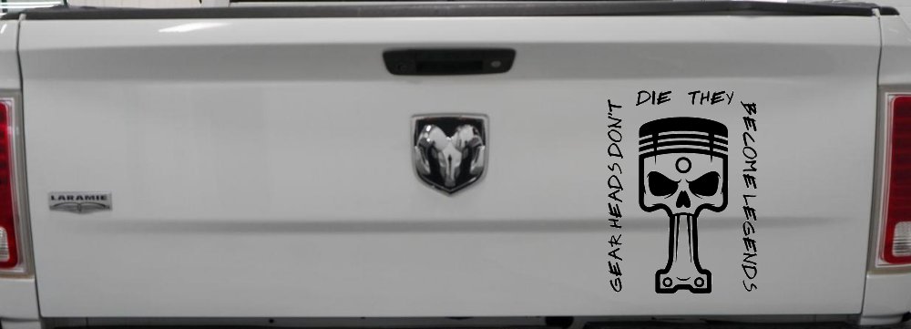 Gear Heads Don't Die They Become Legends Skull Piston Car or Truck Vinyl Window Decal Sticker (Black)