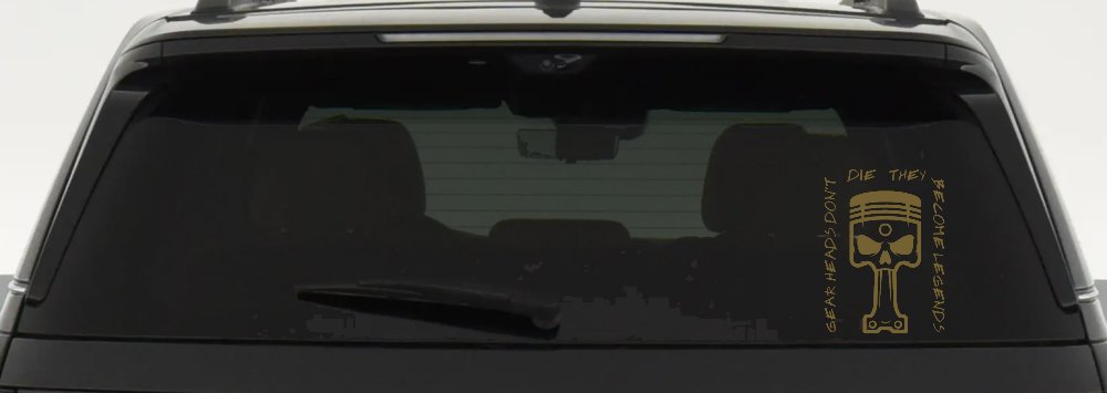 Gear Heads Don't Die They Become Legends Skull Piston Car or Truck Vinyl Window Decal Sticker (Gold)