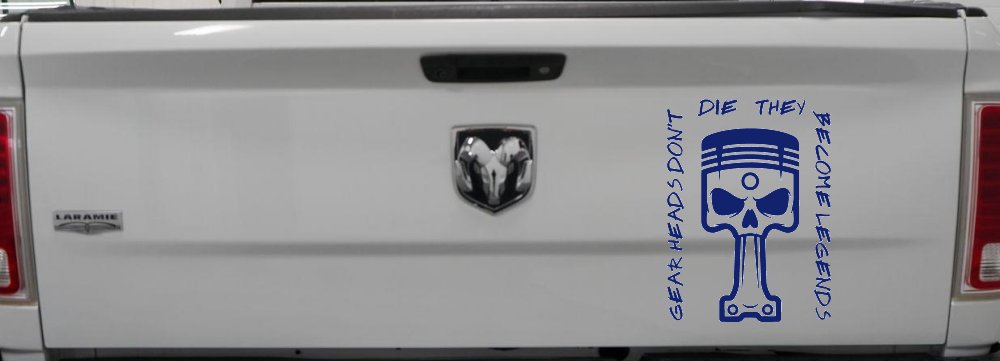 Gear Heads Don't Die They Become Legends Skull Piston Car or Truck Vinyl Window Decal Sticker (Navy)
