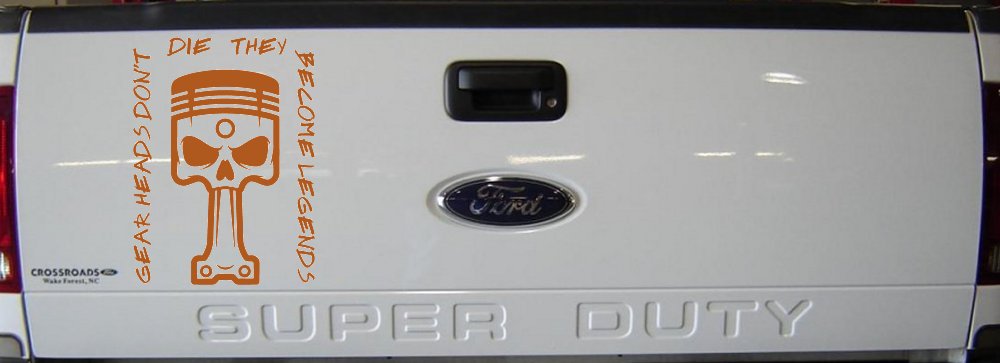 Gear Heads Don't Die They Become Legends Skull Piston Car or Truck Vinyl Window Decal Sticker (Nut Brown)