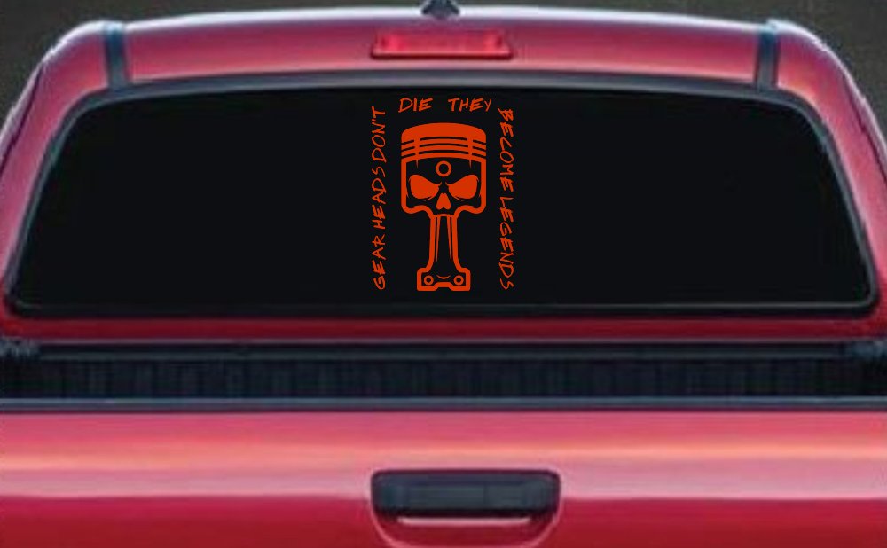 Gear Heads Don't Die They Become Legends Skull Piston Car or Truck Vinyl Window Decal Sticker (Orange Red)