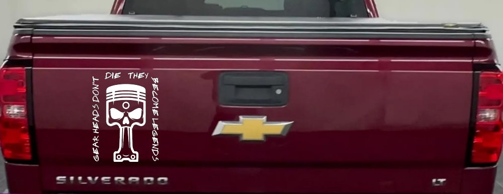 Gear Heads Don't Die They Become Legends Skull Piston Car or Truck Vinyl Window Decal Sticker (White)