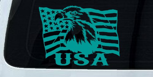 USA American Flag and Bald Eagle Left Car or Truck Vinyl Window Decal Sticker (Turquoise)