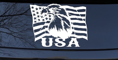USA American Flag and Bald Eagle Left Car or Truck Vinyl Window Decal Sticker (White)