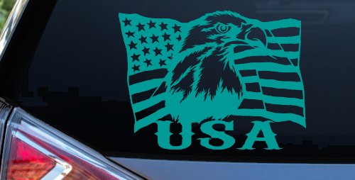 USA American Flag Bald Eagle Right Car or Truck Vinyl Window Decal Sticker (Turquoise)
