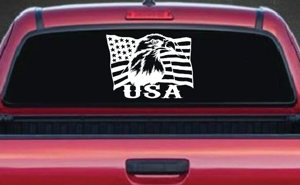 USA American Flag Bald Eagle Right Car or Truck Vinyl Window Decal Sticker (White)