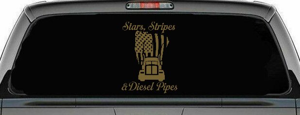Stars Stripes and Diesel Pipes Patriotic American Flag Trucking Car or Truck Vinyl Window Decal Sticker (Gold)