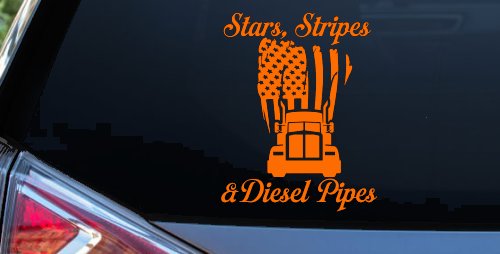 Stars Stripes and Diesel Pipes Patriotic American Flag Trucking Car or Truck Vinyl Window Decal Sticker (Orange)