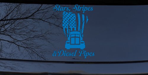 Stars Stripes and Diesel Pipes Patriotic American Flag Trucking Car or Truck Vinyl Window Decal Sticker (Sky Blue)