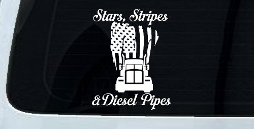 Stars Stripes and Diesel Pipes Patriotic American Flag Trucking Car or Truck Vinyl Window Decal Sticker (White)
