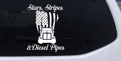 Stars Stripes and Diesel Pipes Patriotic American Flag Trucking Car or Truck Vinyl Window Decal Sticker (White)