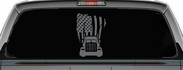 American Trucker with Tattered American Flag and Truck Car or Truck Vinyl Window Decal Sticker (Silver)