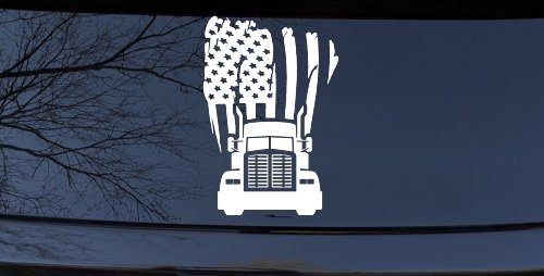 American Trucker with Tattered American Flag and Truck Car or Truck Vinyl Window Decal Sticker (White)