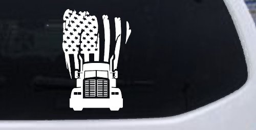 American Trucker with Tattered American Flag and Truck Car or Truck Vinyl Window Decal Sticker (White)