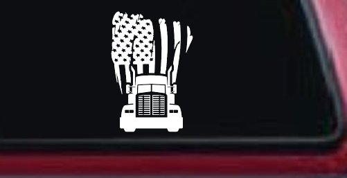 American Trucker with Tattered American Flag and Truck Car or Truck Vinyl Window Decal Sticker (White)