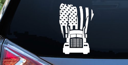 American Trucker with Tattered American Flag and Truck Car or Truck Vinyl Window Decal Sticker (White)
