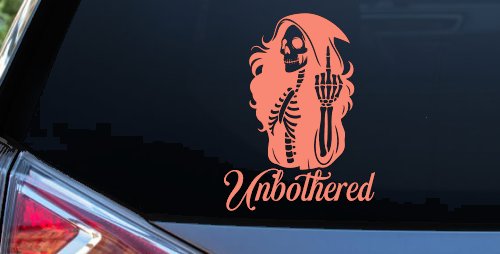 Unbothered Female Skeleton Grim Reaper Shooting Bird Car or Truck Vinyl Window Decal Sticker (Coral)